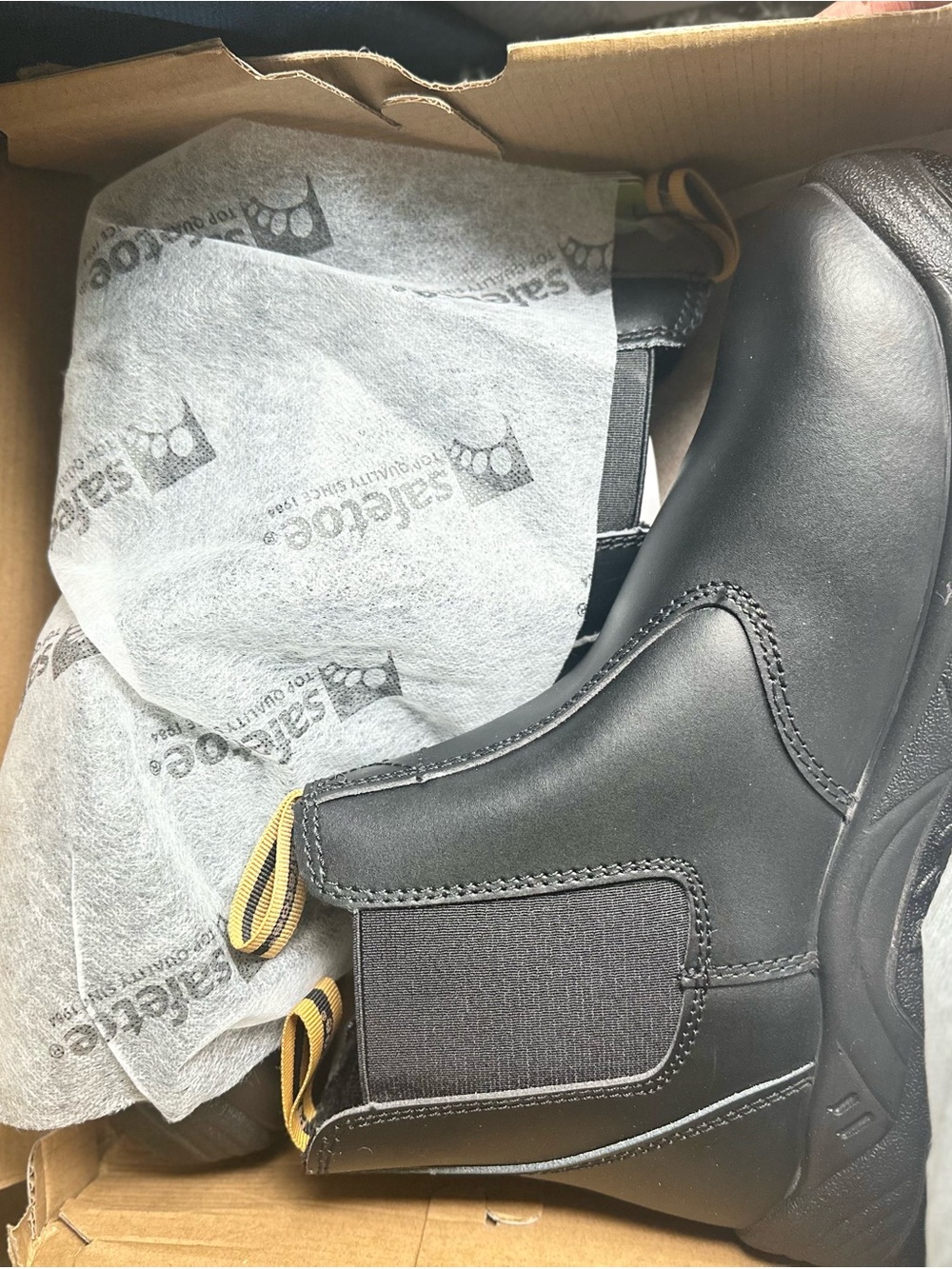 Safetoe Black Slip-On Chelsea Work Boots with Yellow Pull Tabs size 42